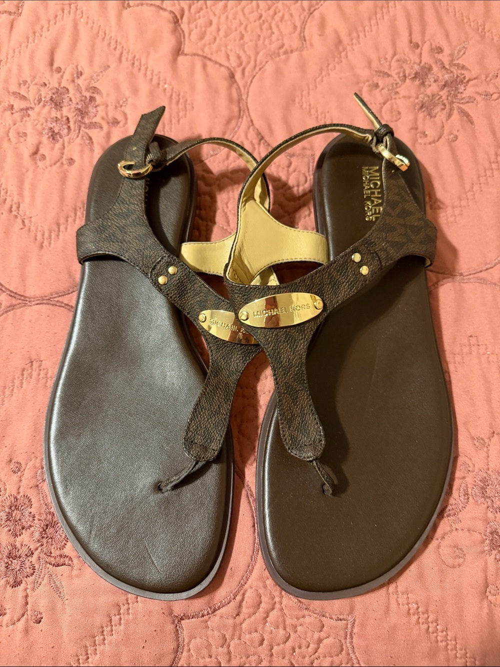 Michael Kors Brown and Cream Logo Thong Sandals with Gold Hardware - Picture 2 of 3